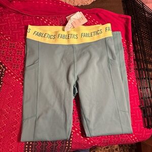 NWT Fabletics Teal Leggings with Neon Yellow Waistband size large